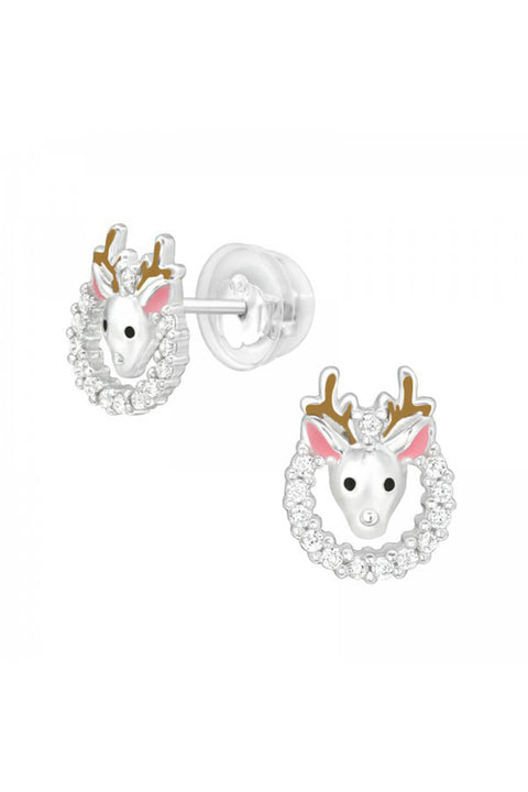 Children's Sterling Silver Reindeer Ear Studs With CZ - SS