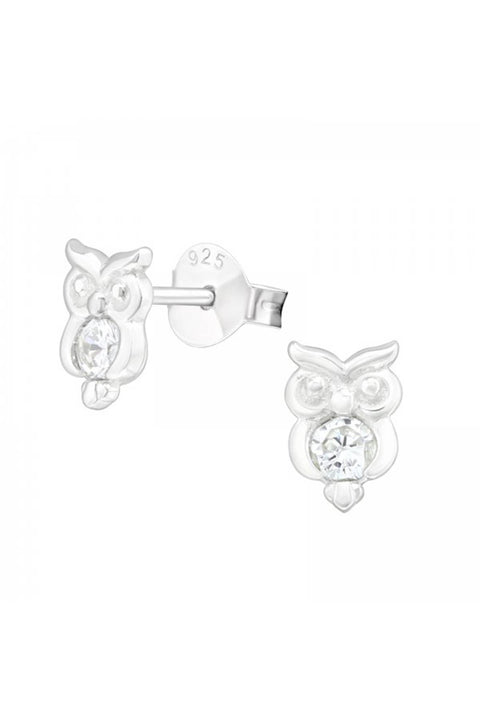 Sterling Silver Owl Ear Studs With Cubic Zirconia - SS