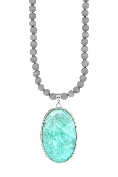 Gray Druzy Quartz Beads Necklace With Amazonite Pendant - SF