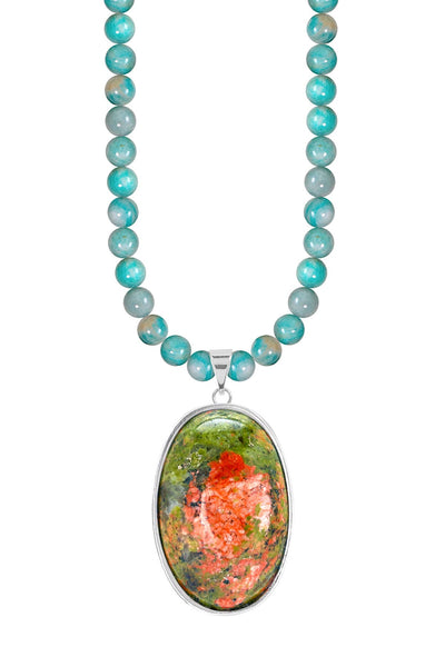 Amazonite Beads Necklace With Unakite Pendant - SF