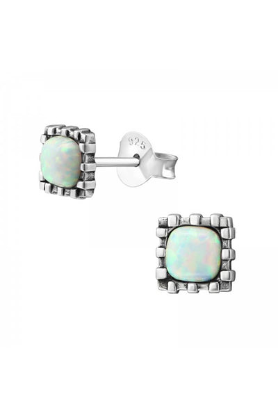 Sterling Silver Square Ear Studs With Opal - SS