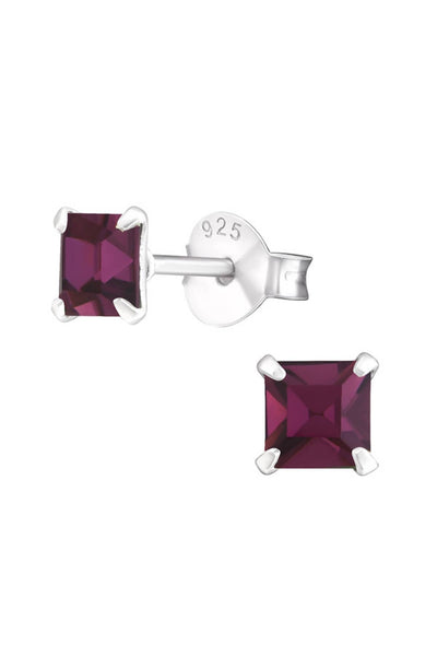 Sterling Silver Square 4mm Ear Studs With Crystals - SS