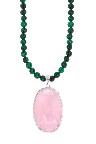 Malachite Beads Necklace With Rose Quartz Pendant - SF