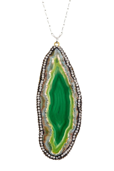 Green Druzy Agate With Marcasite Pendant Necklace - SF