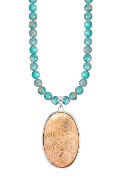 Amazonite Beads Necklace With Lily Fossil Pendant - SF