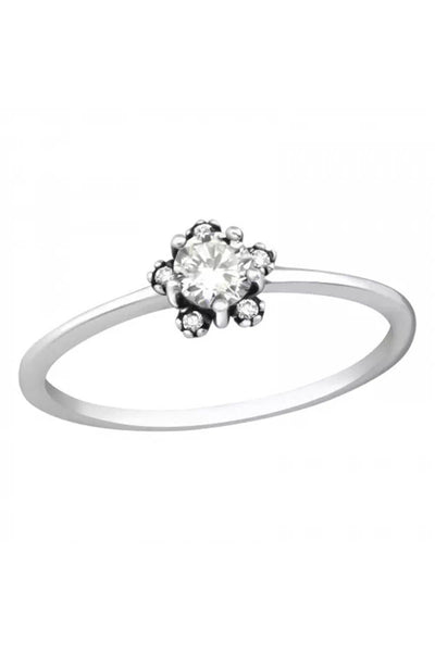 Sterling Silver Flower Ring With CZ - SS