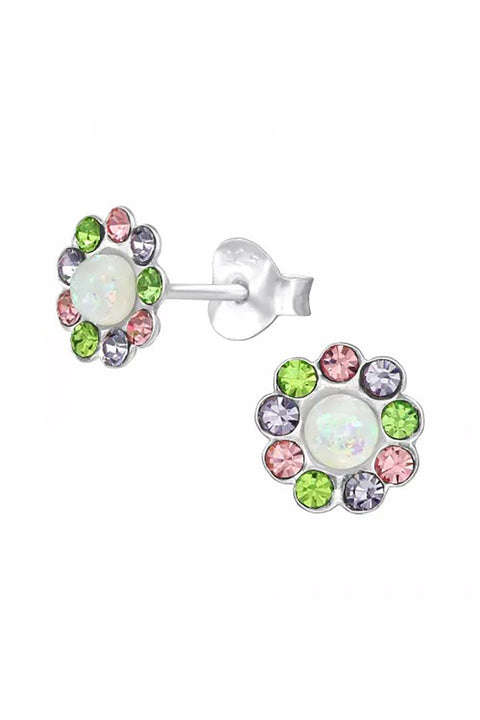 Sterling Silver Flower Ear Studs With Crystal and Opal - SS