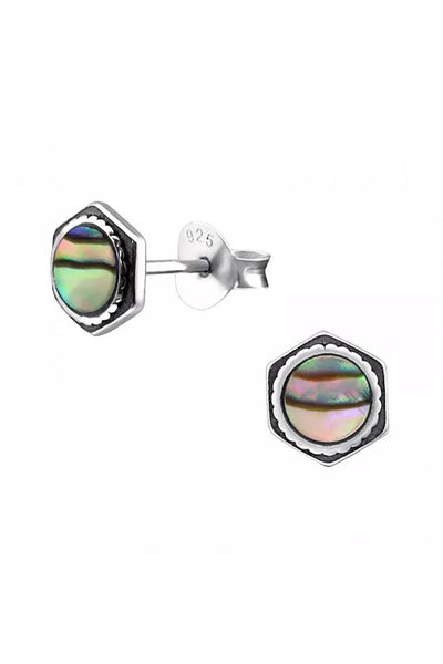 Sterling Silver Hexagonal Ear Studs & Imitation Stone - SS