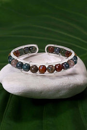 Mixed Jasper Beaded Cuff Bracelet In Silver - SF