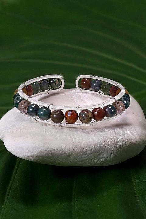 Mixed Jasper Beaded Cuff Bracelet In Silver - SF