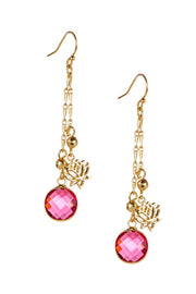 Raspberry Crystal & Lotus Drop Earrings In Gold - GF