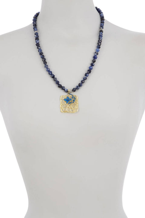 Lapis Beads Necklace With Patina Pendant - BR