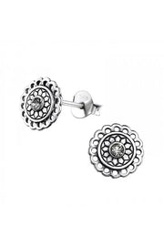 Sterling Silver Bali Round Ear Studs With Crystal - SS