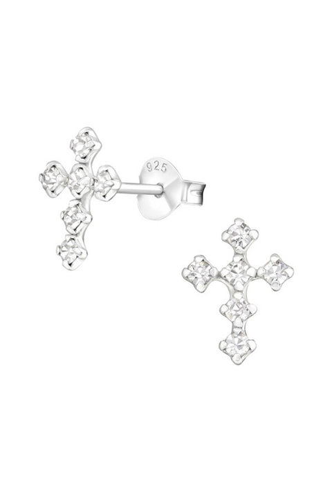 Sterling Silver Cross Ear Studs With Crystal - SS