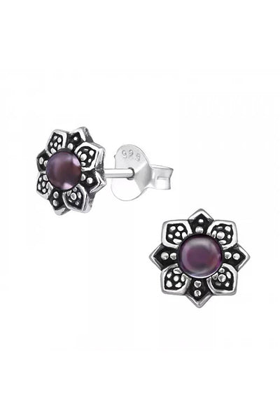 Sterling Silver Flower Ear Studs With Semi Precious - SS