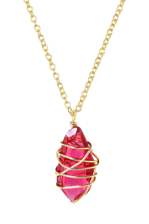 Raspberry Crystal Wire Wrapped Pendant Necklace - GF