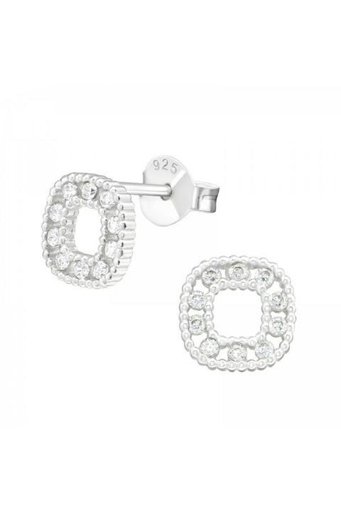 Sterling Silver Square Ear Studs With Cubic Zirconia - SS