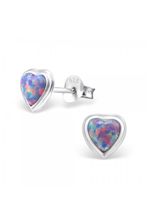 Sterling Silver Heart Ear Studs With Opal - SS